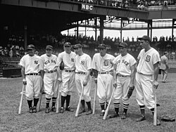 1937 AL All-Stars – Lou Gehrig, Joe Cronin, Bill Dickey, Joe DiMaggio, Charlie Gehringer, Jimmie Foxx, and Hank Greenberg