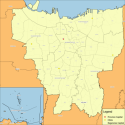 Map of Jakarta's administrative cities, with the Thousand Islands Regency shown in a lower-left inset.