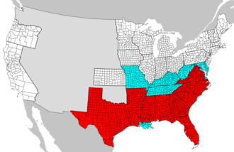 Map shows slave-holding areas affected by the Emancipation Proclamation in red, and slave-holding areas not affected by the emancipation proclamation, including Maryland, in blue. Map is based on the situation in 1863, just after the passage of the Emancipation Proclamation.