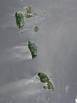 Satellite photograph of Dominica in the center, with Guadeloupe to the north and Martinique to the south