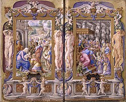 Adoration of the Magi and Solomon adored by the Queen of Sheba from the Farnese Hours (1546) by Giulio Clovio marks the end of the Italian Renaissance of illuminated manuscript together with the Index Librorum Prohibitorum.