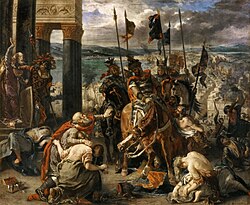 A painting of an army marching into a city gate with much smoke in the background