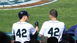 Seattle Mariners teammates wearing number 42 on Jackie Robinson Day in 2012.