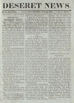 Front page of the first issue of the Deseret News, published June 15, 1850