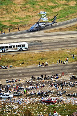 Hurricane evacuees in Metairie, Louisiana, being helped by the US Air National Guard on September 3