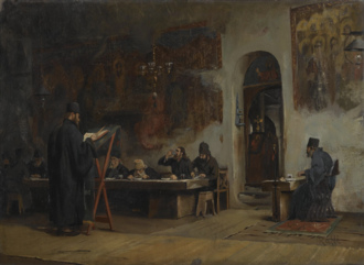 Refectory in a Greek Monastery, Mount Athos, by Théodore Jacques Ralli, 1885