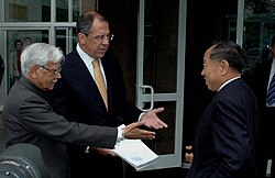 Li meeting with the Minister of External Affairs of India Natwar Singh and Russian Foreign Minister Sergei Lavrov in Vladivostok, Russia (2005)