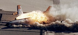 A remotely piloted Boeing 720 is destroyed in the Controlled Impact Demonstration.