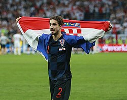 The team's image references the national colors of Croatia. Pictured: Šime Vrsaljko, 2018