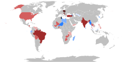 Countries autocratising (red) or democratising (blue) substantially and significantly (2010–2020). Countries in grey are substantially unchanged.[153][needs update][relevant? – discuss]