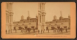 An illustration of Philadelphia City Hall and John Wanamaker's "Grand Depot" at 13th and Market Streets in Philadelphia