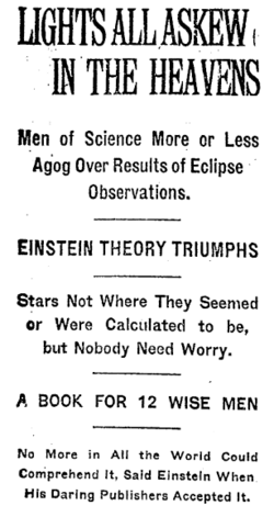 Alternating all-caps and headline styles at the start of a New York Times report published in November 1919. (The event reported is Arthur Eddington's test of Einstein's theory of general relativity.)