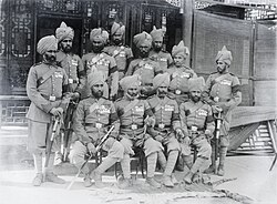 Indian Army soldiers, including men from the 3rd Sikh regiment and 1st Sikh Infantry, Punjab Frontier Force, in Beijing, c. 1900.
