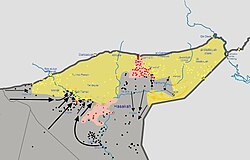 Map of the Hasakah offensive in progress, on 24 February 2015, showing the YPG and ISIL offensives on both sides of the Governorate.