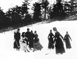 Women playing ice hockey, c. 1888. The daughter of Lord Stanley of Preston, Lady Isobel Gathorne-Hardy, is visible in white.