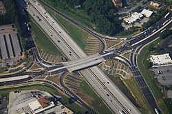 A diverging diamond at Interstate 285 and Camp Creek Parkway near Atlanta33°39′23.5″N 84°29′51.5″W / 33.656528°N 84.497639°W