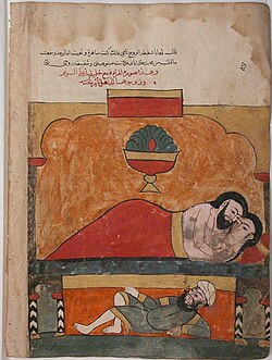 The Cuckold Carpenter Under the Bed of His Wife and Her Lover from an 18th-century edition of the Kalīla wa-Dimna