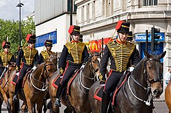 Troopers of the King's Troop, Royal Horse Artillery in their blue light cavalry-style full dress uniform
