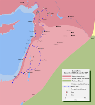 Map detailing the route of Khalid ibn al-Walid's invasion of northern Syria.