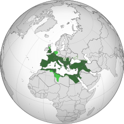 (dark green) Roman Empire in 117 AD. (pale green) Client states under the Roman Empire in 117 AD.