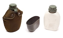A Norwegian army canteen with plastic cup