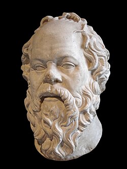Socrates (c. 470–399 BCE) has been central to discussions of irony from his time into the present (copy of bronze head by Lysippus in the Louvre).