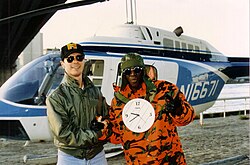 Flavor Flav and helicopter pilot Ray McCort on an MTV shoot in New York City, September 2016