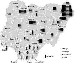 Attacks by Boko Haram, 2011 to October 2022. Each figure represents 1,000 deaths.[192]