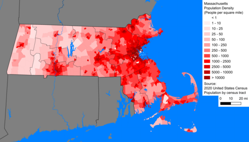Massachusetts population density map. The centers of high-density settlement, from east to west, are Boston, Worcester, Springfield, and Pittsfield, respectively.
