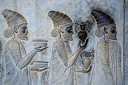 Relief of a gift-bearing delegation, possibly Syrian or Ionian, at Apadana of Persepolis