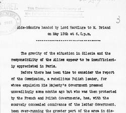A British foreign office internal record of a 1921 aide-mémoire delivered to Aristide Briand.