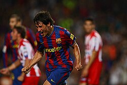 Bojan celebrates his goal against Sporting Gijón on 31 August 2009 at Camp Nou