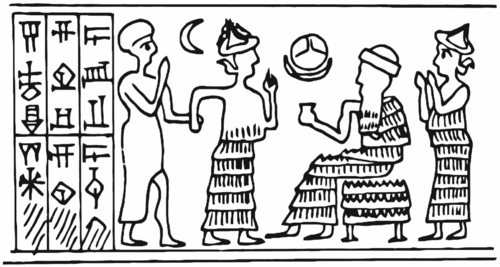 A line-drawing of a royal seal of the Old Assyrian king Erishum I, r. c. 1974–1934 BC. The seated ruler is thought to represent the god Ashur, with Erishum being the bald figure being led toward him.[109]