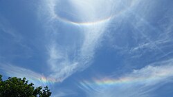 A circumhorizontal arc (bottom), below a circumscribed halo