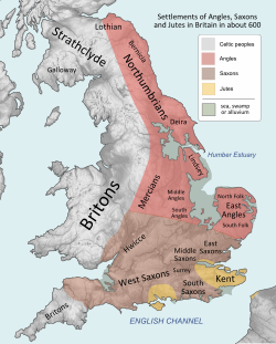 Southern Britain in AD 600 after the Anglo-Saxon settlement, showing England's division into multiple petty kingdoms
