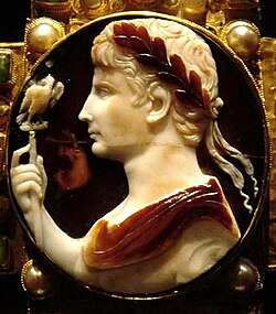 Sardonyx cameo depicting Augustus wearing a laurel wreath and holding an aquila standard