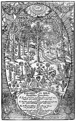 Frontispiece of Paradisi in Sole Paradisus Terrestris (1629) by Swiss artist Christopher Switzer. Of interest is a depiction of a Vegetable Lamb of Tartary near the river behind the figure of Adam.