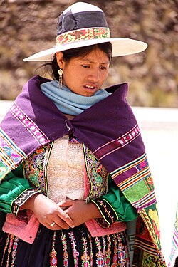 Indigenous woman in traditional dress near Cochabamba, Bolivia