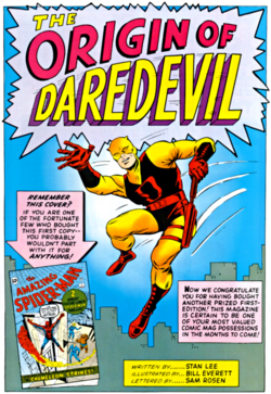 Splash page of the first issue of Daredevil (April 1964) features the hero in his original costume. Art by Jack Kirby (penciler) and Bill Everett (inker).