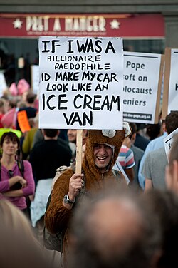 Protester in London dressed as Pedobear to protest a visit by Pope Benedict XVI in 2010