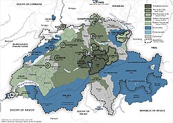 The Old Swiss Confederacy from 1291 (dark green) to the sixteenth century (light green) and its associates (blue). In the other colours shown are the subject territories.