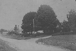 Rakestraw Pyle Nursery, Willowdale; a small stone chapel near the intersection at Street Road is in the background beyond the water tower