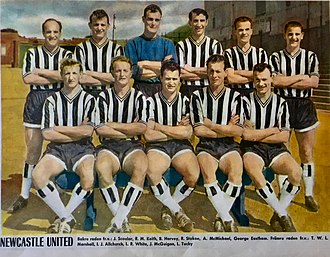 Newcastle United in 1960. L-r, standing: Jimmy Scoular, Dick Keith, Bryan Harvey (goalkeeper), Bob Stokoe, Alf McMichael and George Eastham; front: Terry Marshall, Ivor Allchurch, Len White, John McGuigan and Liam Tuohy.