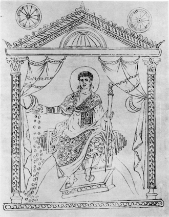 Constantius II depicted in the Chronography of 354 dispensing largesse (a Renaissance copy of a Carolingian copy)