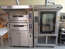 Industrial Zanolli double hearth deck oven (left) and Sveba-Dahlen rotary rack oven (right)