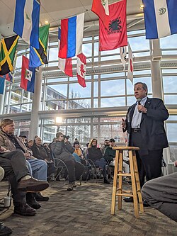 Christie speaking at Keene State College in December 2023