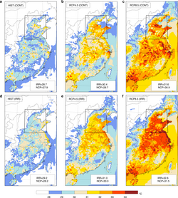 Climate change is expected to exacerbate heat stress over at the North China Plain, which is particularly vulnerable as widespread irrigation results in very moist air. There is a risk that agricultural labourers will be physically unable to work outdoors on hot summer days at the end of the century, particularly under the scenario of greatest emissions and warming.[100]