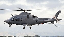 An AW109 lifts off from RNZAF Base Ohakea
