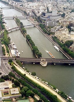 Île aux Cygnes from the top level of the Eiffel Tower.