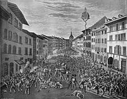 City troops fighting 'Baselbieter' troops in the streets of Liestal in the 1830s